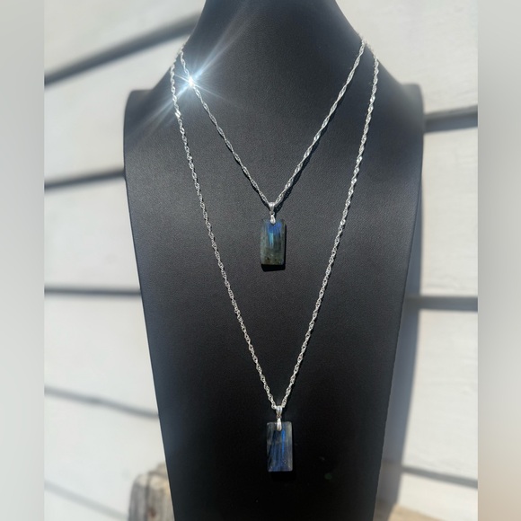Jewelry - 925 Silver Blue Labradorite Double Layer Rectangle Pendant Necklace